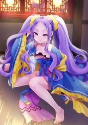 Rule 34 | 1girl, absurdres, barefoot, breasts, cleavage, collarbone, fate/grand order, fate (series), feet, frilled sleeves, frills, full body, hane yuki, highres, indoors, japanese clothes, legs, long hair, long sleeves, looking at viewer, pelvic curtain, purple eyes, purple hair, sidelocks, sitting, small breasts, smile, solo, toes, twintails, very long hair, wide sleeves, wu zetian (fate), wu zetian (first ascension) (fate)