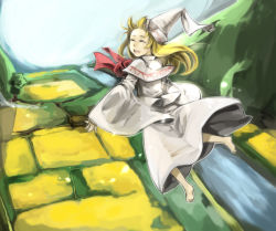 Rule 34 | 1girl, bad id, bad pixiv id, barefoot, blonde hair, capelet, closed eyes, fairy, female focus, field, flying, from above, hat, laughing, lily white, long hair, looking back, river, scenery, shuang9705, solo, touhou, water, white hat, wide sleeves, wings