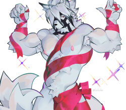 1boy abs animal_ears bara claws closed_mouth colored_tips commentary english_commentary eyepatch furry furry_male highres lanladeo looking_at_viewer male_focus meme multicolored_hair muscular muscular_male nipples nude_guy_wrapped_in_ribbons_standing_(meme) pectorals red_eyes sparkle tail twitter_username von_lycaon white_background wolf_boy wolf_ears wolf_tail zenless_zone_zero