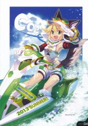 Rule 34 | 1girl, 2013, blonde hair, cyberconnect2, dated, gloves, goggles, green eyes, hat, highres, jet ski, midriff, neptune (series), ocean, short hair, smile, solo, tail, toh.
