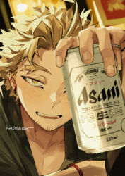 Rule 34 | 1boy, artist name, asahi breweries, beer can, blonde hair, blurry, blurry background, blush, boku no hero academia, bracelet, can, collarbone, commentary, drink can, drunk, earrings, facial hair, hand up, hawks (boku no hero academia), holding, holding can, jewelry, kadeart, looking at viewer, male focus, open mouth, ring, short hair, signature, smile, solo, stubble, symbol-only commentary, teeth, thick eyebrows, upper body, yellow eyes