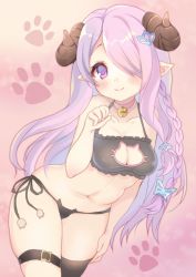 Rule 34 | 10s, 1girl, alternate costume, bell, black panties, black thighhighs, blush, braid, breasts, cat cutout, cat ear panties, cat lingerie, choker, cleavage cutout, closed mouth, clothing cutout, collarbone, cowboy shot, demon horns, draph, frills, granblue fantasy, hair ornament, hair over one eye, horns, jingle bell, kokorominton, light purple hair, long hair, looking at viewer, meme attire, narmaya (granblue fantasy), navel, neck bell, panties, paw pose, paw print, pink background, pink ribbon, pointy ears, ribbon, ribbon choker, side-tie panties, single thighhigh, smile, solo, stomach, thigh strap, thighhighs, underwear, underwear only