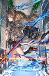 Rule 34 | 1girl, angelina (arknights), animal ears, arknights, bad id, bad twitter id, bag, black footwear, black gloves, black shorts, black socks, blue fire, blue sky, brown hair, building, city, closed mouth, coat, day, duffel bag, fire, fox ears, from side, full body, gloves, hairband, highres, kneehighs, lens flare, long hair, long sleeves, looking at viewer, looking to the side, open clothes, open coat, outdoors, ran&#039;ou (tamago no kimi), red eyes, red hairband, shoes, short shorts, shorts, shoulder bag, sideways glance, sky, smile, sneakers, socks, solo, staff, twintails, two-tone hairband, upside-down, white coat
