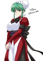 Rule 34 | 1girl, ascot, black ascot, black pantyhose, breasts, bun cover, dress, green eyes, green hair, highres, juliet sleeves, large breasts, long sleeves, looking at viewer, maid, maid headdress, minarai, muv-luv, muv-luv alternative, obi, own hands together, pantyhose, puffy sleeves, red dress, sash, simple background, smile, solo, tsukuyomi mana, white background