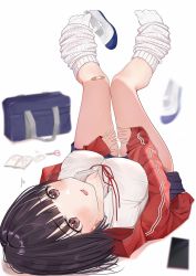 Rule 34 | bag, bandaid, black hair, blurry, blurry background, book, breasts, brown eyes, hand on thigh, hands on thighs, highres, jacket, leg warmers, legs up, looking at viewer, lying, on back, original, phone, red jacket, scissors, shirt, shoes, unworn shoes, short hair, socks, uiri-na, white background, white shirt