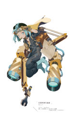 Rule 34 | 1girl, adjusting goggles, alternate costume, backpack, bag, blue eyes, blue footwear, blue hair, boots, brown gloves, cucumber, full body, gloves, goggles, goggles on head, hand up, hat, jumpsuit, kawashiro nitori, key, looking at viewer, matching hair/eyes, mouth hold, rei (sanbonzakura), rubber boots, simple background, solo, text focus, touhou, twintails, white background, wrench