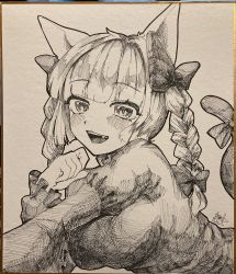 Rule 34 | 1girl, :d, animal ears, bow, braid, breasts, cat ears, cat tail, highres, kaenbyou rin, large breasts, looking at viewer, monochrome, open mouth, photo (medium), shikishi, signature, smile, solo, tail, teeth, touhou, traditional media, twin braids, yomogi 0001