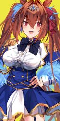 Rule 34 | 1girl, :d, animal ears, black bow, black bowtie, blue corset, blue feathers, blue garter straps, blue jacket, blue skirt, blush, bow, bowtie, breasts, brown hair, commentary request, corset, daiwa scarlet (umamusume), epaulettes, fang, feathers, hair between eyes, hair bow, hand on own hip, highres, horse ears, horse girl, jacket, large breasts, long hair, looking at viewer, miyasaka miyabi, open mouth, red bow, red eyes, resolution mismatch, shirt, skirt, smile, solo, source larger, tiara, twintails, umamusume, very long hair, white shirt, yellow background