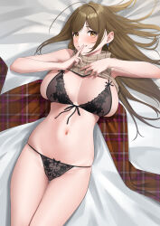 Rule 34 | 1girl, absurdres, bed sheet, bikini, blush, breasts, brown hair, brown scarf, brown sweater, clothes lift, commission, front-tie bra, groin, hair spread out, highres, huge breasts, idolmaster, idolmaster shiny colors, kuwayama chiyuki, looking at viewer, lying, navel, on back, plaid, plaid scarf, ribbed sweater, scarf, shinonome shake, sideboob, skeb commission, skindentation, sleeveless, sleeveless sweater, smile, solo, stomach, string bikini, sweater, sweater lift, swimsuit, thigh gap
