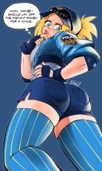 Rule 34 | artist name, ass, blonde hair, blue eyes, capcom, denim, denim shorts, elbow pads, final fight, final fight 3, fingerless gloves, giggstheghoul, gloves, hat, highres, looking back, lucia morgan, police, police hat, police uniform, policewoman, ponytail, shiny skin, shorts, skindentation, street fighter, street fighter v, striped clothes, striped thighhighs, sunglasses, sunglasses on head, thick lips, thick thighs, thighhighs, thighs, uniform