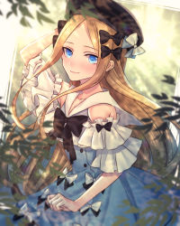 Rule 34 | 1girl, abigail williams (animejapan 2018) (fate), abigail williams (fate), arm up, black bow, black hat, blonde hair, blue dress, blue eyes, bow, dress, fate/grand order, fate (series), hair bow, hat, hat bow, highres, long hair, looking at viewer, moe (hamhamham), official alternate costume, parted bangs, sidelocks, solo, upper body, very long hair, white bow