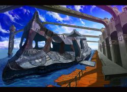 Rule 34 | bad id, bad pixiv id, boat, cloud, day, dock, enfance, fantasy, harbor, highres, letterboxed, no humans, ocean, original, scenery, ship, sky, water, watercraft