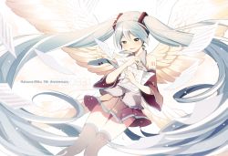 Rule 34 | 1girl, 2016, angel wings, anniversary, beige background, black skirt, blue eyes, blue hair, blurry, blush, character name, clothes lift, dated, depth of field, detached sleeves, feathered wings, floating, gradient background, grey shirt, hands on own chest, hatsune miku, holding, light smile, long hair, looking down, nokuhashi, number tattoo, paper, parted lips, sheet music, shirt, shoulder tattoo, skirt, skirt lift, sleeveless, sleeveless shirt, solo, tattoo, thighhighs, thighs, twintails, very long hair, vocaloid, white background, wings