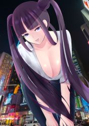Rule 34 | 1girl, absurdres, asaki (asaki vision), blue eyes, blue pants, blunt bangs, blush, breasts, cityscape, cleavage, collarbone, contemporary, denim, double bun, fate/grand order, fate (series), hair bun, highres, jeans, large breasts, leaning forward, long hair, long sleeves, looking at viewer, night, night sky, open mouth, pants, photo background, purple hair, shirt, sidelocks, sky, smile, twintails, very long hair, white shirt, yang guifei (fate)