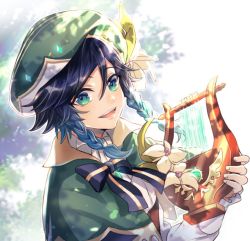 Rule 34 | 1boy, androgynous, beret, black hair, blue eyes, blue hair, bow, braid, brooch, cape, collared cape, collared shirt, flower, frilled sleeves, frills, gem, genshin impact, glowing, gradient hair, green eyes, green hat, hat, hat flower, holding, holding instrument, instrument, jewelry, leaf, light, long sleeves, looking at viewer, lyre, male focus, multicolored hair, open mouth, shirt, short hair with long locks, smile, solo, soubi1022, twin braids, venti (genshin impact), white flower, white shirt