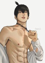 Rule 34 | 1boy, abs, artist name, black eyes, black hair, chain, chain necklace, chainsaw man, collared shirt, ear piercing, earrings, einruji, hayakawa aki, highres, jewelry, lip piercing, long sleeves, looking ahead, male focus, necklace, nipples, open clothes, parted lips, piercing, shirt, short hair, simple background, solo, stud earrings, topknot, upper body, white background, white shirt