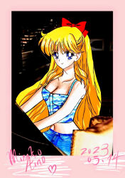 Rule 34 | 1girl, aino minako, angel6244, bare arms, bishoujo senshi sailor moon, blonde hair, blue eyes, blue shorts, book, bow, breasts, bright pupils, character name, choppy bangs, cleavage, closed mouth, collarbone, commentary, corset, cowboy shot, crop top, dark background, dated, denim, denim shorts, english commentary, framed, hair bow, heart, highres, light smile, looking at viewer, medium breasts, red bow, retro artstyle, scribble, shorts, solo, white pupils