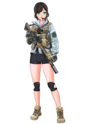Rule 34 | 1girl, absurdres, ankle boots, assault rifle, bike shorts, black hair, black shorts, blue jacket, boots, bulletproof vest, chinese commentary, combat boots, commentary request, cross-laced footwear, gloves, green eyes, gun, headset, highres, jacket, khaid shiden, knee pads, lace-up boots, long sleeves, looking at viewer, m4 carbine, m4 usasoc, military, open mouth, original, rifle, short hair, shorts, solo, tactical clothes, weapon