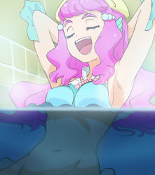 Rule 34 | 1girl, :d, armpits, arms behind head, bath, breasts, closed mouth, groin, haruyama kazunori, laura (precure), medium breasts, navel, open mouth, partially submerged, pink hair, precure, smile, solo, teeth, tropical-rouge! precure, upper teeth only, water