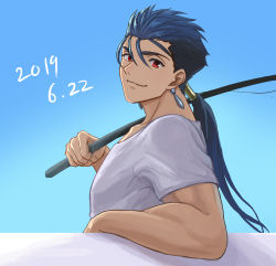 Rule 34 | 1boy, blue background, blue hair, closed mouth, cu chulainn (fate), dated, earrings, fate/hollow ataraxia, fate (series), fishing rod, hair between eyes, holding rod, jewelry, cu chulainn (fate/stay night), long hair, looking at viewer, low ponytail, male focus, ponytail, red eyes, shirt, short sleeves, smile, solo, suikatabetaifrom, white shirt