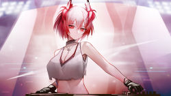 Rule 34 | 1girl, absurdres, alternate costume, animal ears, arknights, bad id, bad pixiv id, bare shoulders, binggong asylum, bird ears, black gloves, breasts, cross, cross necklace, dj, fiammetta (arknights), gloves, highres, jewelry, large breasts, looking at viewer, navel, necklace, pink hair, red eyes, short hair, solo, stomach, upper body
