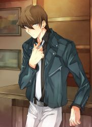 Rule 34 | 1boy, belt, belt buckle, black belt, black jacket, black shirt, blue eyes, brown hair, buckle, closed mouth, collared shirt, hair between eyes, highres, indoors, jacket, kaiba seto, long sleeves, looking at viewer, male focus, necktie, open clothes, open jacket, pants, shirt, short hair, solo, standing, vvv1356 ygo, white necktie, white pants, wing collar, yu-gi-oh!, yu-gi-oh! duel monsters