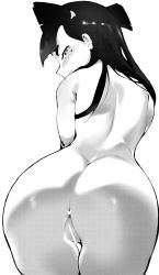 Rule 34 | 1girl, anus, ass, bad id, bad pixiv id, black hair, breasts, censored, character request, choker, cleft of venus, completely nude, copyright request, from side, greyscale, highres, long hair, looking back, mole, mole under eye, monochrome, navel, nude, original, pussy, roropull, short shorts, shorts, small breasts, solo, very long hair