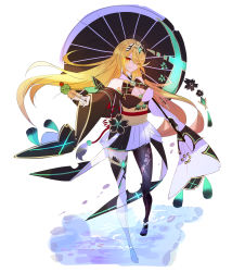 Rule 34 | 1girl, absurdres, alternate costume, bare shoulders, blonde hair, breasts, chest jewel, cleavage, dress, gem, headpiece, highres, hyouri00, japanese clothes, jewelry, kimono, kimono skirt, large breasts, long hair, looking at viewer, mythra (xenoblade), one eye closed, smile, solo, swept bangs, tiara, umbrella, very long hair, xenoblade chronicles (series), xenoblade chronicles 2, yellow eyes