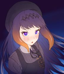 Rule 34 | 1girl, absurdres, black dress, black headwear, blue background, blue eyes, cozyu, dress, eye focus, gradient hair, grey shirt, hairband, highres, hololive, hololive english, long hair, looking at viewer, multicolored eyes, multicolored hair, neck ribbon, ninomae ina&#039;nis, ninomae ina&#039;nis (casual), official alternate costume, orange hair, parted lips, pinafore dress, purple eyes, purple hair, ribbon, shirt, sleeveless, sleeveless dress, solo, striped clothes, striped shirt, tentacle hair, upper body, virtual youtuber