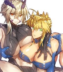 Rule 34 | 2girls, artoria pendragon (fate), artoria pendragon (lancer) (fate), artoria pendragon (lancer alter) (fate), bent over, black leotard, blonde hair, blue leotard, braid, grabbing another&#039;s breast, breasts, circlet, cleavage, cleavage cutout, clothing cutout, dual persona, elbow gloves, face to breasts, fate/grand order, fate (series), french braid, frown, gloves, grabbing, green eyes, hair between eyes, highres, huge breasts, leotard, melon22, midriff, multiple girls, navel, navel cutout, pale skin, parted lips, ribbed leotard, simple background, spread legs, unaligned breasts, underboob, underboob cutout, white background, yellow eyes