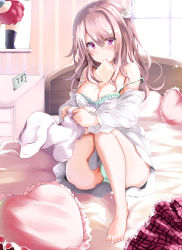 Rule 34 | 1girl, absurdres, ass, bare legs, bare shoulders, barefoot, bed, black thighhighs, blush, bra, bread slice, breasts, cleavage, commentary request, crop top, day, dressing, food, food in mouth, foreshortening, frilled bra, frilled skirt, frills, hair between eyes, head wings, heart, heart-shaped pillow, highres, indoors, kuromiko shoujo, large breasts, leaning forward, leg up, long hair, long sleeves, looking at viewer, midriff, miniskirt, moe2019, mouth hold, off shoulder, on bed, original, pillow, pink skirt, plaid, plaid skirt, poster (object), purple eyes, red skirt, shirt, sidelocks, silver hair, skirt, solo, strap slip, thighhighs, thighs, toast, toast in mouth, underwear, white bra, white shirt, white thighhighs, window, wings, zettai ryouiki