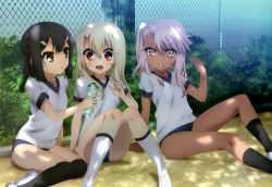 Rule 34 | 3girls, :d, :o, absurdres, arm support, black hair, black socks, blonde hair, blush, bottle, breasts, brown eyes, buruma, bush, chain-link fence, child, chloe von einzbern, dappled sunlight, dark-skinned female, dark skin, day, drink, fanning self, fate/kaleid liner prisma illya, fate (series), fence, giving, gym shirt, gym uniform, hair between eyes, hair ornament, hairclip, half updo, hand up, happy, highres, holding, illyasviel von einzbern, knee up, kneehighs, knees together feet apart, knees up, leaning back, legs, long hair, looking at another, looking down, miyu edelfelt, multiple girls, non-web source, nyantype, official art, on ground, one side up, open mouth, outdoors, outstretched arm, over-kneehighs, parted lips, pink hair, red eyes, shade, shirt, shoes, short hair, sidelocks, sitting, small breasts, smile, sneakers, socks, sunlight, tan, thighhighs, tree, water bottle, white footwear, white hair, white shirt, yellow eyes, yokozuwari