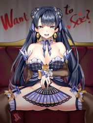Rule 34 | 1girl, absurdres, ass, b:ga, bad id, bad pixiv id, bare shoulders, bellona (epic seven), black hair, breasts, cleavage, collarbone, commentary, covering privates, covering crotch, detached sleeves, double bun, earrings, epic seven, female pubic hair, folding fan, garter straps, green eyes, groin, hair ribbon, hand fan, highres, jewelry, large breasts, long hair, looking at viewer, open mouth, pubic hair, pubic hair peek, ribbon, sitting, solo, thighhighs, twintails