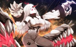 Rule 34 | 10s, 1girl, abyssal ship, bare shoulders, breasts, claws, detached sleeves, dress, covered erect nipples, glowing, glowing eyes, hews, horns, kantai collection, large breasts, long hair, pale skin, red eyes, ribbed dress, seaport princess, short dress, sideboob, single horn, solo, white hair