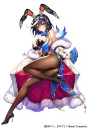Rule 34 | 1girl, age of ishtaria, animal ears, ass, black footwear, black hair, black leotard, blue bow, blush, bow, bowtie, breasts, card, cleavage, coat, fake animal ears, fake tail, fishnet pantyhose, fishnets, full body, fur-trimmed coat, fur trim, hair ornament, high heels, highres, holding, holding card, large breasts, leotard, lying, mini wings, munlu (wolupus), off shoulder, on side, open clothes, open coat, pantyhose, parted lips, playboy bunny, rabbit ears, rabbit girl, rabbit tail, simple background, solo, star (symbol), star hair ornament, strapless, strapless leotard, svafrlami (age of ishtaria), tail, white background, wings, wrist cuffs, yellow eyes