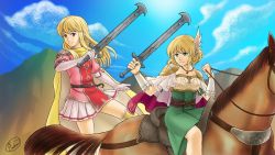 Rule 34 | armor, belt, blonde hair, blue sky, breastplate, brown eyes, cape, clenched hand, cloud, commentary, day, daybreak vision, dress, earrings, english commentary, fire emblem, fire emblem: genealogy of the holy war, gloves, green dress, green eyes, highres, holding, holding sword, holding weapon, horse, jewelry, lachesis (fire emblem), lands sword, long hair, miniskirt, mother and daughter, mountain, nanna (fire emblem), necklace, nintendo, outdoors, pauldrons, pink shirt, pleated skirt, puffy short sleeves, puffy sleeves, purple belt, purple cape, riding, shirt, short dress, short hair, short sleeves, shoulder armor, skirt, sky, sword, thighhighs, weapon, white gloves, white skirt, wing hair ornament, yellow cape, yellow thighhighs, zettai ryouiki