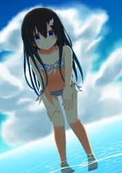 Rule 34 | 1girl, absurdres, aoi thomas, bad id, bad pixiv id, bare arms, bare shoulders, bikini, black hair, blue eyes, blue hair, blue sky, blush, breasts, cleavage, closed mouth, cloud, cloudy sky, collarbone, commentary request, day, dutch angle, front-tie bikini top, front-tie top, gradient hair, hair between eyes, hair ornament, highres, horizon, leaning forward, long hair, multicolored hair, navel, ocean, original, outdoors, outstretched arm, pigeon-toed, polka dot, polka dot bikini, sky, small breasts, smile, solo, standing, swimsuit, very long hair, wading, water, white bikini, wing hair ornament