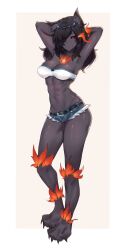 Rule 34 | 1girl, abs, absurdres, alternate costume, animal ears, animal hands, armpits, arms up, black hair, black sclera, colored sclera, dark-skinned female, dark skin, deccatezu, denim, denim shorts, fire, hellhound (monster girl encyclopedia), highres, jewelry, monster girl, monster girl encyclopedia, monster girl encyclopedia ii, necklace, red eyes, shorts, simple background, solo, standing, strapless, tail, tube top, wolf ears, wolf girl, wolf tail