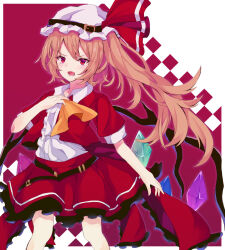 Rule 34 | 1girl, adapted costume, ascot, belt, belt buckle, blonde hair, border, brown belt, buckle, center frills, cowboy shot, crystal, flandre scarlet, frilled skirt, frills, hat, hat belt, highres, long hair, lower teeth only, mob cap, multicolored wings, one side up, open mouth, puffy short sleeves, puffy sleeves, red background, red eyes, red shirt, red skirt, ri cochet, shirt, short sleeves, skirt, solo, teeth, touhou, white background, white border, white hat, white shirt, wings, yellow ascot