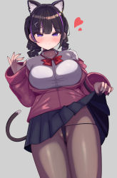 Rule 34 | 1girl, animal ear fluff, animal ears, black hair, black nails, black skirt, blue panties, blush, bow, breasts, brown pantyhose, cat ears, cat girl, cat tail, choker, closed mouth, clothes lift, collared shirt, dress shirt, drill hair, ear piercing, earrings, from below, grey background, hair ornament, heart, highres, jacket, jewelry, lifting own clothes, long hair, long sleeves, looking at viewer, looking down, medium breasts, multicolored hair, nail polish, off shoulder, open clothes, open jacket, original, panties, panties over pantyhose, pantyhose, partially visible vulva, piercing, pink jacket, pleated skirt, purple eyes, purple hair, red bow, red choker, rose neru, shirt, simple background, skindentation, skirt, skirt lift, sleeves past wrists, smile, solo, streaked hair, tail, twin drills, twintails, underwear, white shirt, x hair ornament