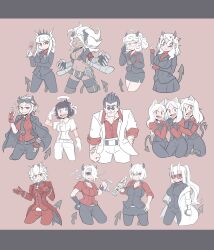 1boy 6+girls absurdres adjusting_eyewear angel animal_ears arm_hair azazel_(helltaker) beelzebub_(helltaker) belt black_belt black_gloves black_hair black_pants black_skirt black_vest blue_eyes bottle cerberus_(helltaker) cigarette cup demon demon_girl demon_horns demon_tail dog_ears eyewear_on_head freckles gloves hair_ribbon halo hand_in_pocket hand_on_eyewear helltaker helltaker_(character) highres holding holding_bottle holding_cigarette holding_cup holding_hands horns jacket jacket_on_shoulders judgement_(helltaker) justice_(helltaker) ktc_armn lab_coat long_hair looking_at_viewer loremaster_(helltaker) lucifer_(helltaker) malina_(helltaker) mechanical_arms modeus_(helltaker) multiple_girls navel pandemonica_(helltaker) panties pants red_eyes red_gloves red_jacket red_panties red_shirt ribbon round_eyewear shirt short_hair skirt smile smoking sunglasses tail triplets underwear vest white_gloves white_hair white_jacket white_pants white_ribbon white_shirt zdrada_(helltaker)