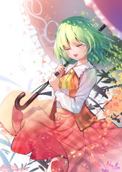 Rule 34 | 1girl, artist name, ascot, bloom, closed eyes, commentary, cowboy shot, floral background, frilled shirt collar, frills, green hair, hibari hina, highres, holding, holding umbrella, kazami yuuka, long sleeves, medium hair, open clothes, open mouth, open vest, parasol, plaid, plaid skirt, plaid vest, red skirt, red vest, shirt, skirt, skirt set, smile, solo, standing, touhou, umbrella, vest, white shirt, yellow ascot
