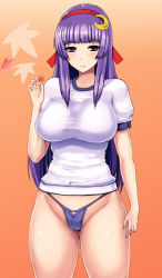 Rule 34 | 1girl, alternate costume, autumn leaves, breasts, collarbone, crescent, crescent hair ornament, female focus, gym uniform, hair ornament, hair ribbon, ishimiso (ishimura), large breasts, long hair, no pants, panties, patchouli knowledge, purple eyes, purple hair, purple panties, ribbon, shirt, solo, t-shirt, touhou, underwear, very long hair