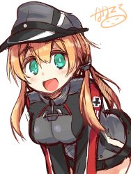 Rule 34 | 10s, 1girl, :d, anchor hair ornament, aqua eyes, black ribbon, black skirt, blonde hair, blush, breasts, cross, hair ornament, hair ribbon, hat, highres, iron cross, kantai collection, large breasts, leaning forward, long hair, long sleeves, microskirt, military, military uniform, nanateru, open mouth, peaked cap, pleated skirt, prinz eugen (kancolle), renkonan, ribbon, signature, simple background, skirt, smile, solo, twintails, uniform, white background