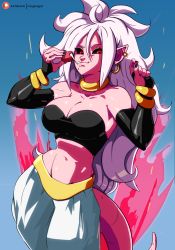 Rule 34 | 1girl, android 21, arm warmers, baggy pants, bandeau, black nails, black sclera, bracelet, breasts, cleavage, colored sclera, colored skin, cream, dragon ball, dragon ball fighterz, ear piercing, earrings, food, harem pants, hoop earrings, jewelry, large breasts, long hair, looking at viewer, majin android 21, morganagod, nail polish, navel, pants, patreon username, piercing, pink skin, pointy ears, smile, solo, spoilers, stomach, tail, white hair