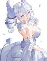 Rule 34 | 1girl, absurdres, b grade, breasts, cleavage, demon girl, demon horns, demon tail, demon wings, dress, duel monster, gloves, grey eyes, grey hair, hand up, highres, horns, large breasts, lovely labrynth of the silver castle, low wings, pointy ears, solo, tail, twintails, wings, yu-gi-oh!