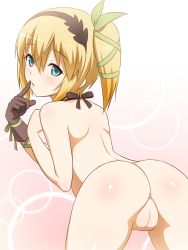 Rule 34 | 10s, 1girl, anus, ass, black neckwear, blonde hair, blue eyes, blush, censored, choker, edna (tales), finger to mouth, gloves, gradient background, hair ribbon, hairband, highres, kiikii (kitsukedokoro), looking at viewer, mosaic censoring, nude, pussy, ribbon, short hair, side ponytail, solo, tales of (series), tales of zestiria, tress ribbon