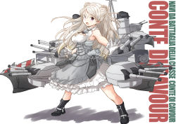 Rule 34 | 1girl, black footwear, boots, breasts, cannon, character name, cleavage, cleavage cutout, clothing cutout, conte di cavour (kancolle), conte di cavour nuovo (kancolle), dress, frilled dress, frills, fuji (pixiv24804665), full body, gloves, grey dress, highres, kantai collection, large breasts, layered dress, long hair, purple eyes, rigging, silver hair, sleeveless, sleeveless dress, smokestack, solo, standing, turret, two-tone dress, two side up, white dress, white gloves
