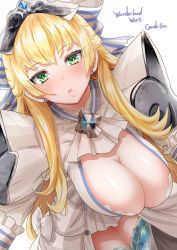 Rule 34 | 1girl, blonde hair, breasts, cendrillion (wonderland wars), cleavage, earrings, female focus, green eyes, hanging breasts, jewelry, large breasts, long hair, looking at viewer, miyamoto issa, parted lips, simple background, solo, white background, wonderland wars