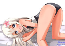 Rule 34 | 10s, 1girl, aikawa ryou, ass, blonde hair, blush, flower, grey eyes, hair flower, hair ornament, kantai collection, long sleeves, looking at viewer, one-piece swimsuit, open mouth, ro-500 (kancolle), school swimsuit, silver hair, smile, solo, swimsuit, tan, tanline, top-down bottom-up